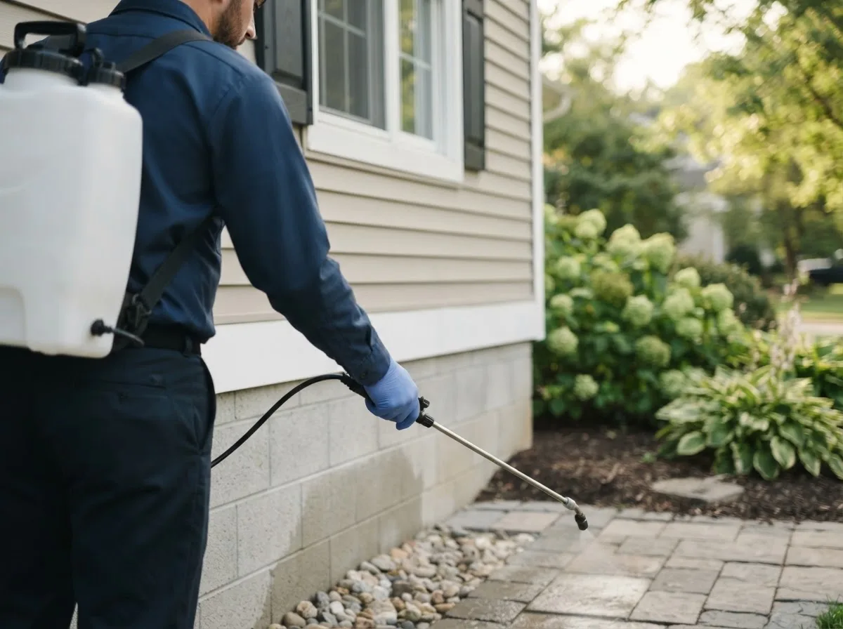 Pest control technician inspecting a home in Hillsboro, WV